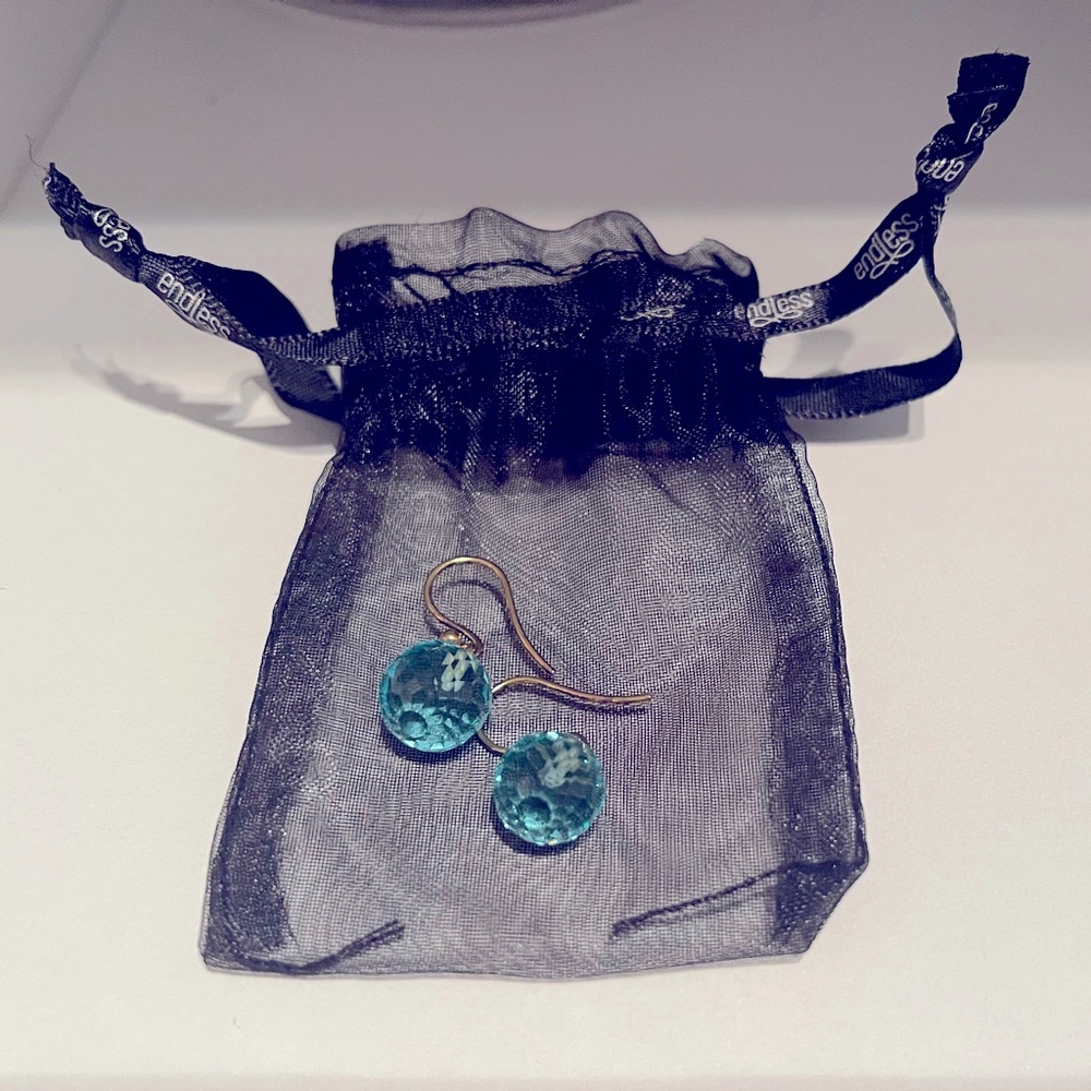 Dangling earrings with aqua crystal.